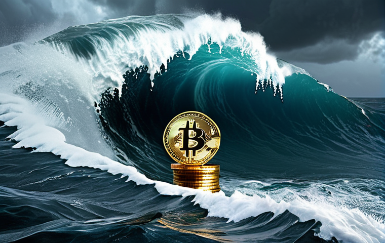 **

Volatile cryptocurrency market. A stormy sea with waves crashing against a Bitcoin, symbolizing risk and opportunity.

**