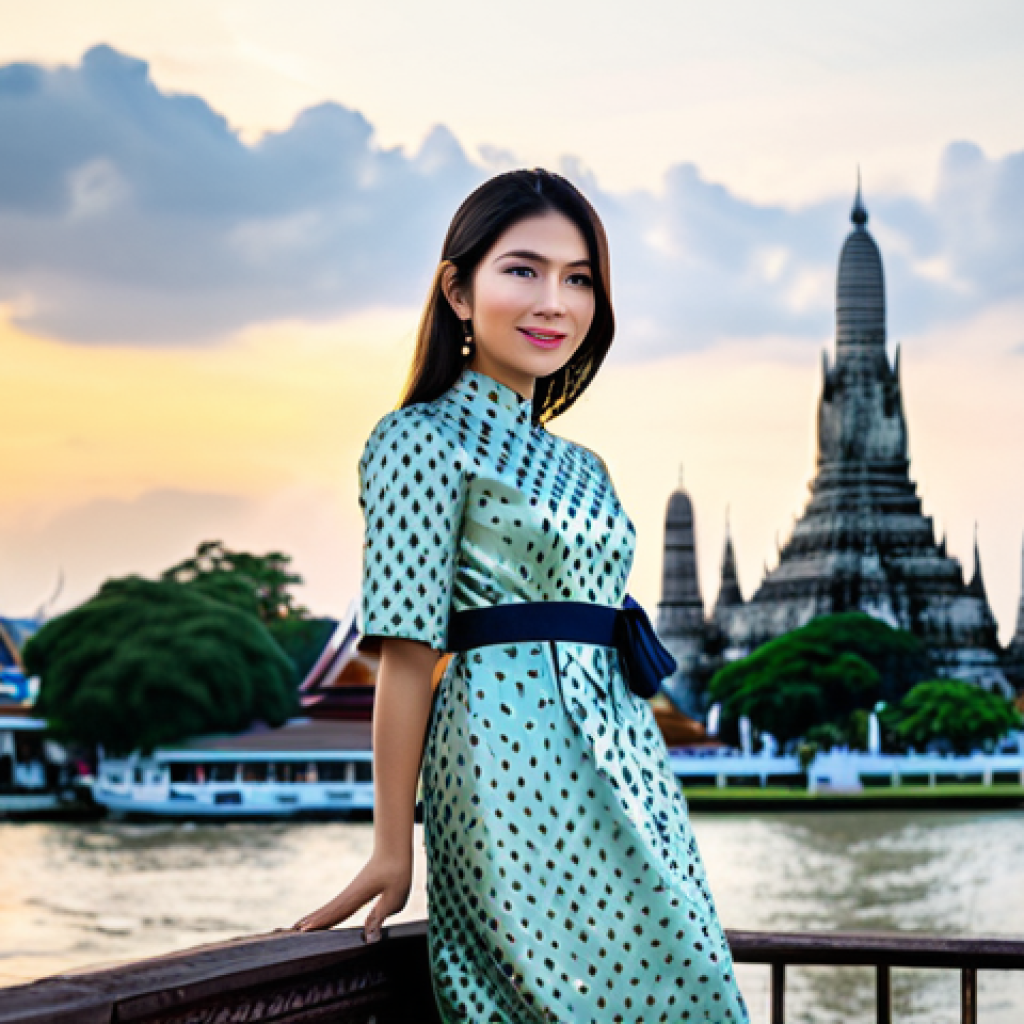 **
A professional Thai woman in a modest, elegant silk dress, standing in front of Wat Arun (Temple of Dawn) in Bangkok. The Chao Phraya River is visible in the background. Fully clothed, appropriate attire, safe for work, perfect anatomy, natural proportions, professional photography, high quality. The image should evoke a sense of Thai culture and grace. Family-friendly.
**