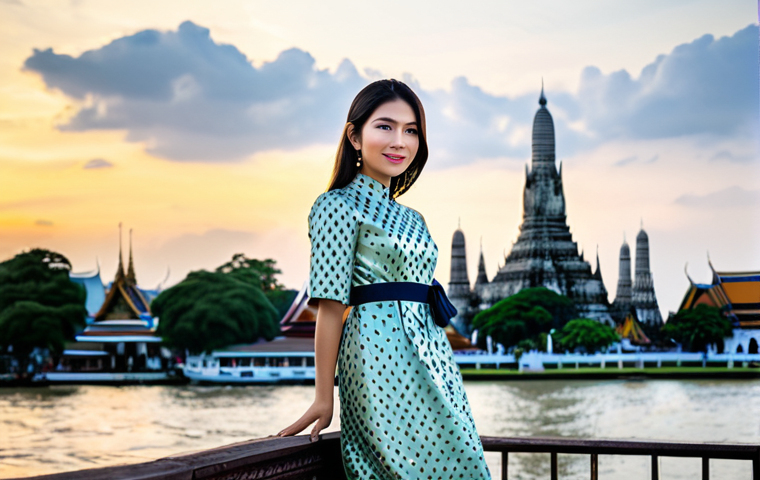 **

A professional Thai woman in a modest, elegant silk dress, standing in front of Wat Arun (Temple of Dawn) in Bangkok. The Chao Phraya River is visible in the background. Fully clothed, appropriate attire, safe for work, perfect anatomy, natural proportions, professional photography, high quality. The image should evoke a sense of Thai culture and grace. Family-friendly.

**