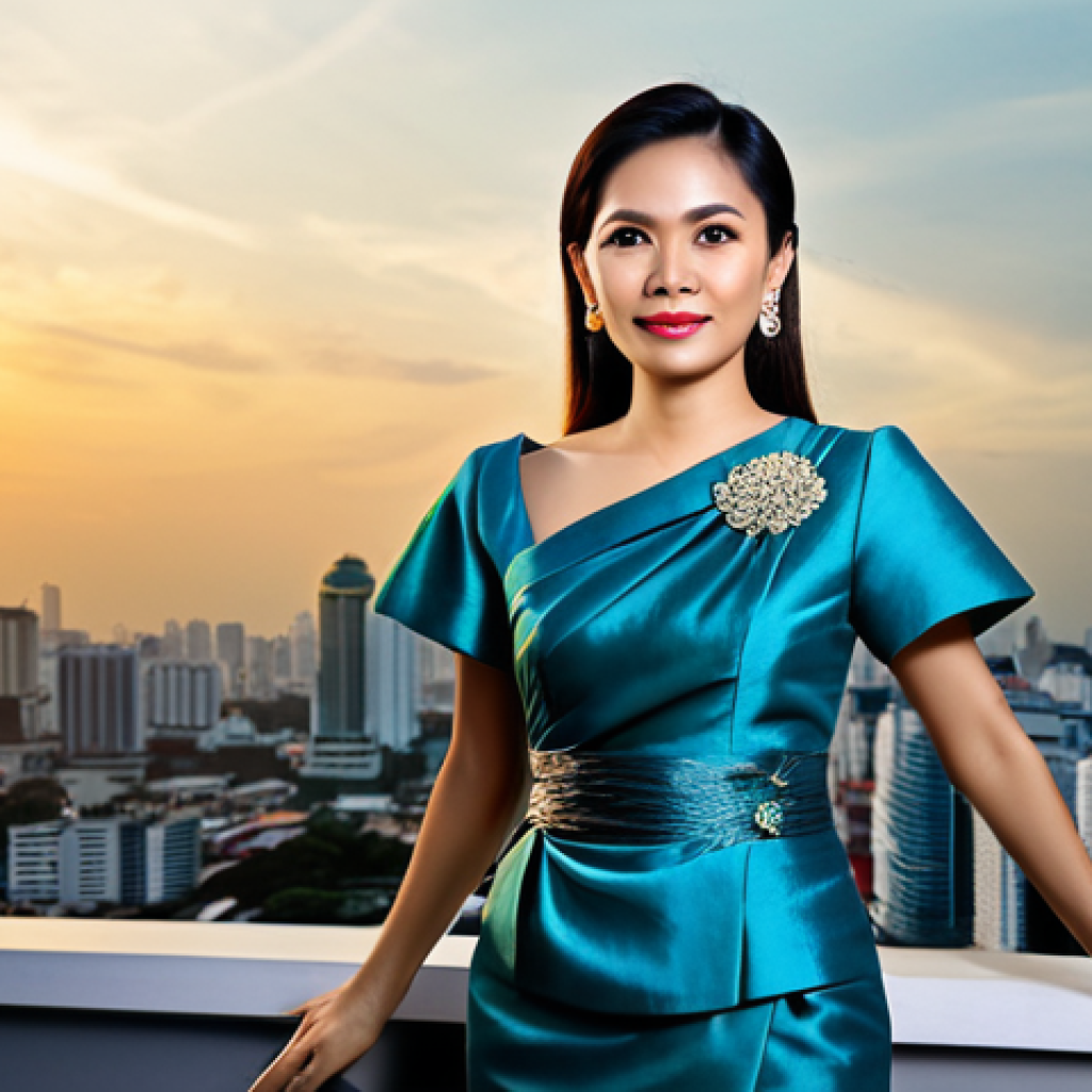**
"A professional Thai businesswoman in a modest, elegant Thai silk dress, standing in front of the Bangkok skyline at sunset, fully clothed, appropriate attire, safe for work, perfect anatomy, natural proportions, professional photography, family-friendly."
**
