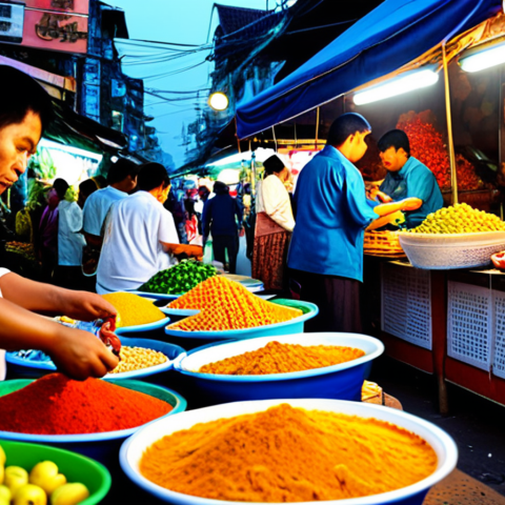 디지털 희소성을 기반으로 한 비즈니스 모델 - Prompt 1: Vibrant Thai street food market scene at dusk. Vendors in traditional clothing tending to ...