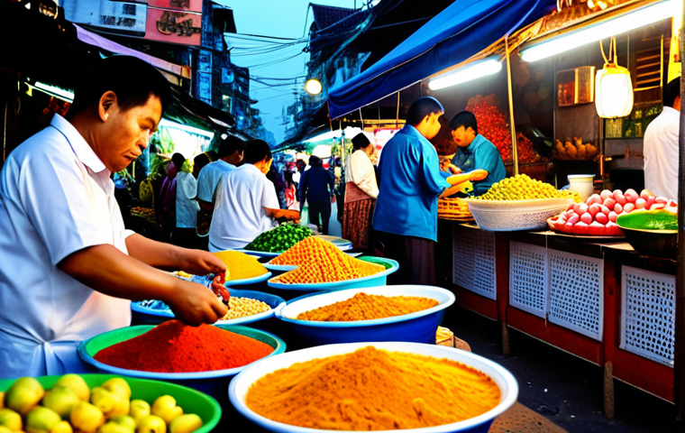 디지털 희소성을 기반으로 한 비즈니스 모델 - Prompt 1: Vibrant Thai street food market scene at dusk. Vendors in traditional clothing tending to ...