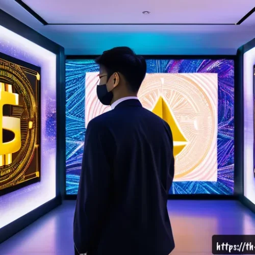 Home 31 NFT의 가치사슬과 디지털 희소성 - A vibrant digital art gallery scene showcasing unique NFT artworks displayed on futuristic holograph...