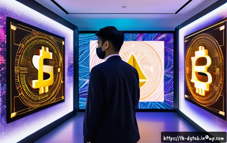NFT의 가치사슬과 디지털 희소성 - A vibrant digital art gallery scene showcasing unique NFT artworks displayed on futuristic holograph...