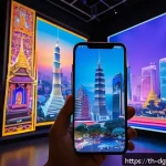 디지털 희소성의 글로벌 시장 동향 - A futuristic digital art gallery set in Bangkok, showcasing rare and limited-edition NFTs by local T...